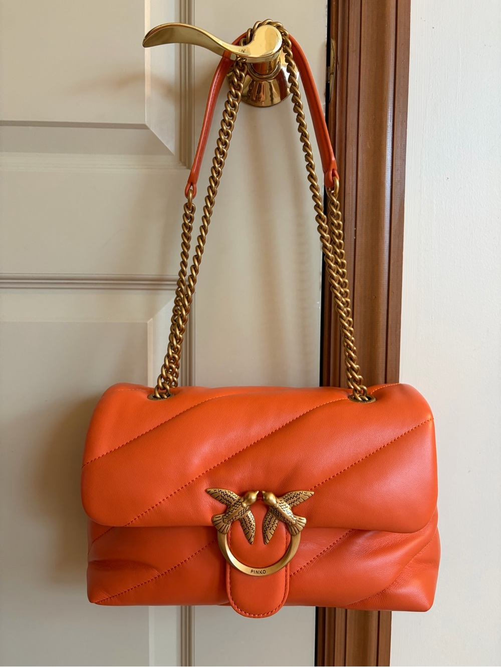 Pinko Orange Quilted Leather Shoulder Bag with Gold Hardware